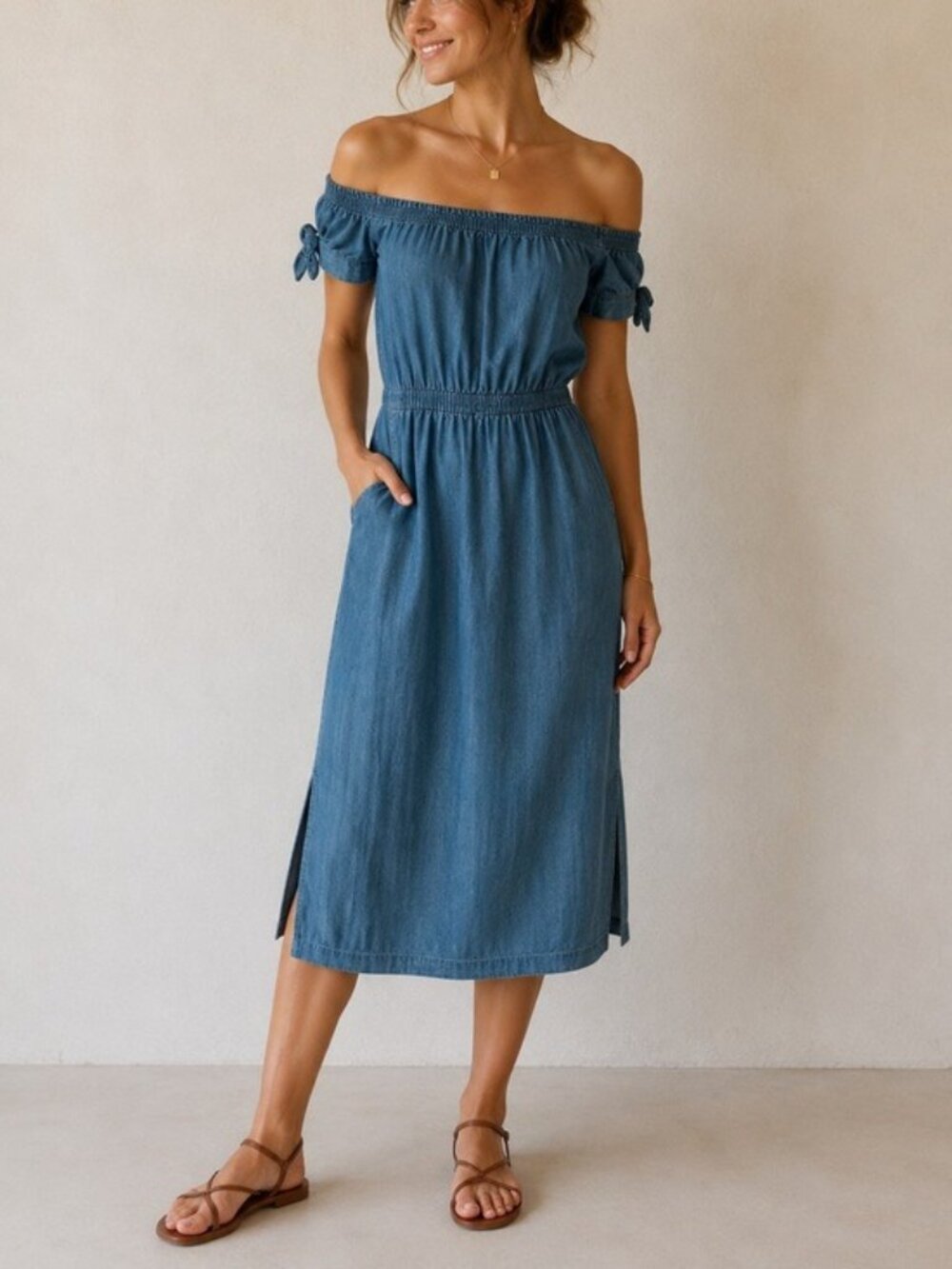 J. Crew Off-Shoulder Denim Midi Dress Blue